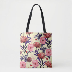 Sketched flower design in bright colours seamless tote bag