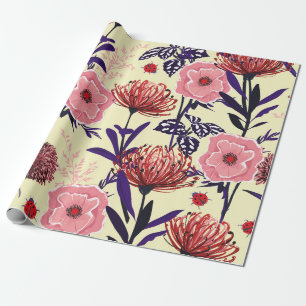 Sketched flower design in bright colours seamless wrapping paper
