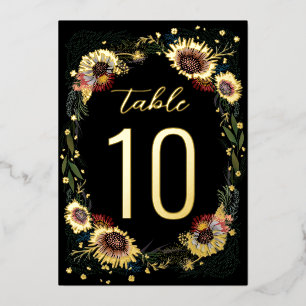 Sketched Flowers Boho Black Gold Foil Table Number