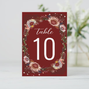 Sketched Flowers Boho Dark Red Maroon Table Number