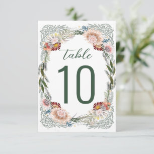 Sketched Flowers Boho Green White Table Number