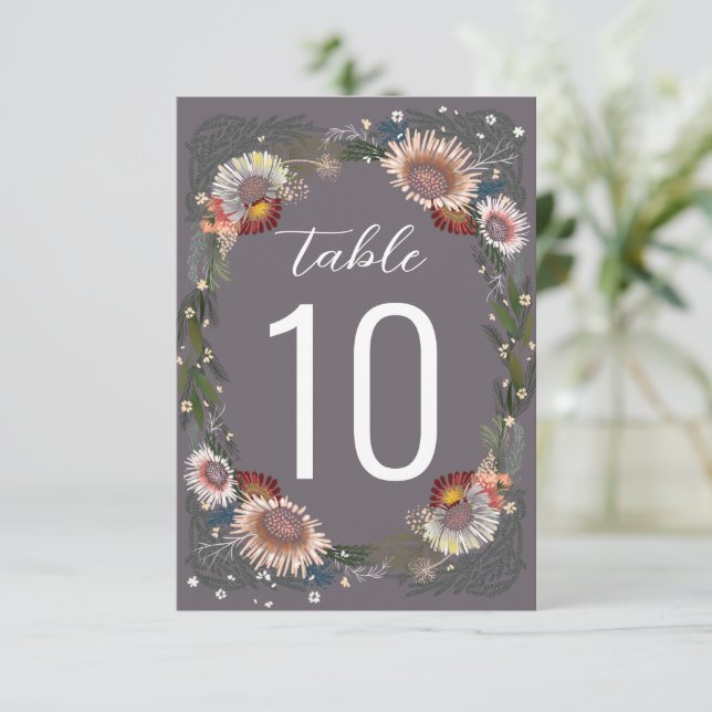 Sketched Flowers Boho Purple Table Number (Standing Front)