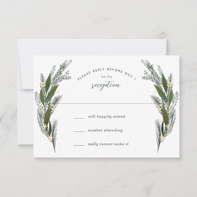 Sketched Flowers Leaves Greenery White Wedding RSVP Card (Front)