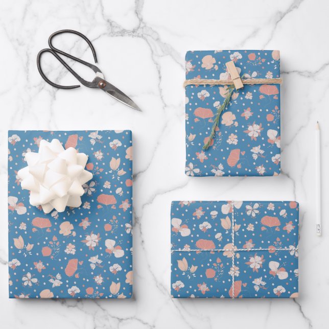 Sketched Flowers on Azure Wrapping Paper Sheet (Front)