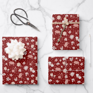 Sketched Flowers on Dark Red Wrapping Paper Sheet