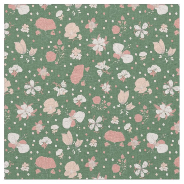Sketched Flowers on Green Fabric (Close Up)