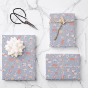 Sketched Flowers on Light Blue Wrapping Paper Sheet