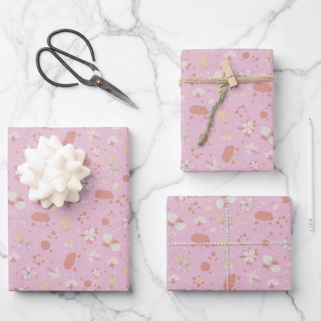 Sketched Flowers on Light Pink Wrapping Paper Sheet (Front)