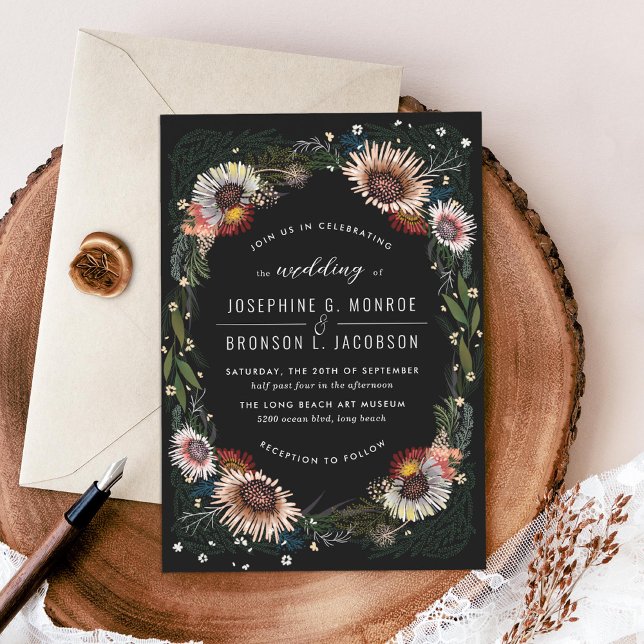 Sketched Flowers Unique Black Wedding Invitation (Creator Uploaded)
