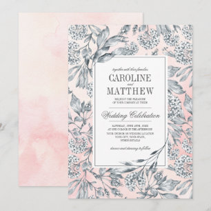 Sketched Flowers Watercolor Blush Pink Wedding Invitation