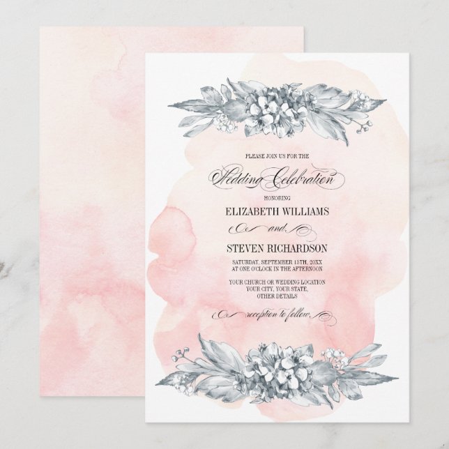 Sketched Flowers Watercolor Blush Pink Wedding Invitation (Front/Back)