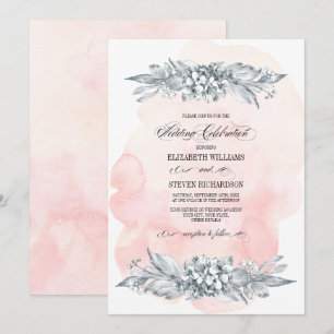 Sketched Flowers Watercolor Blush Pink Wedding Invitation