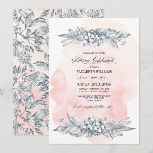 Sketched Flowers Watercolor Blush Pink Wedding Invitation