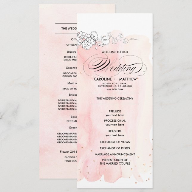 Sketched Flowers Watercolor Wedding Program Cards (Front/Back)