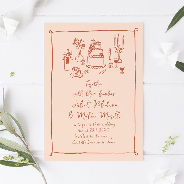 Sketched Food and Drink Handwritten Peach Wedding Invitation (peach quirky hand-drawn wedding invitation with food doodles)