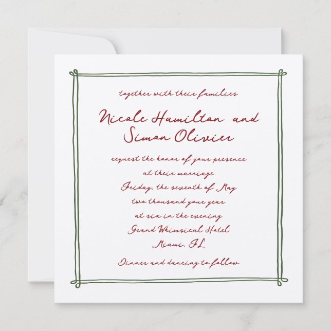 Sketched frame Green Whimsical Hand Drawn Wedding  Invitation (Front)