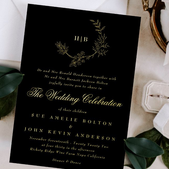 Sketched Gold Floral Wreath Monogram Onyx Wedding (Creator Uploaded)