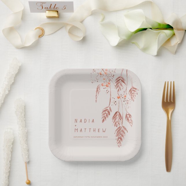 Sketched grass berries brown terracotta wedding pa paper plate (Wedding)