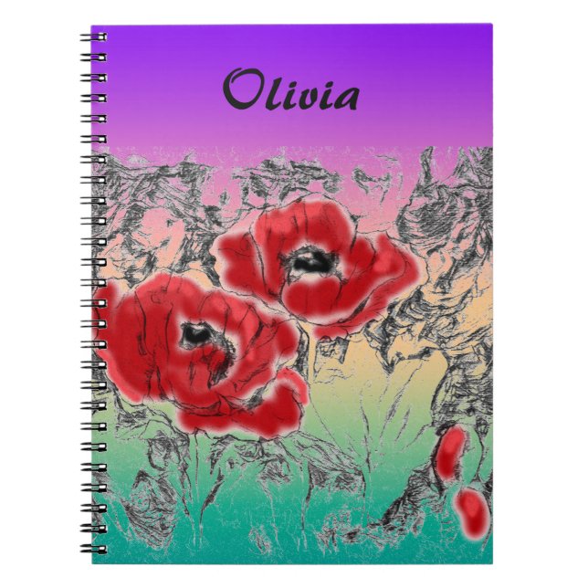 Sketched grey black red flowers poppies floral gra notebook (Front)