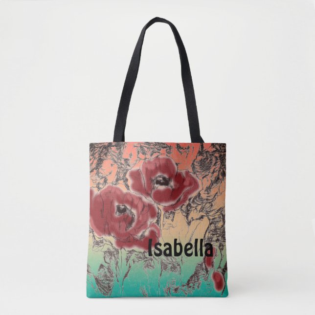 Sketched grey black red flowers poppies floral gra tote bag (Front)