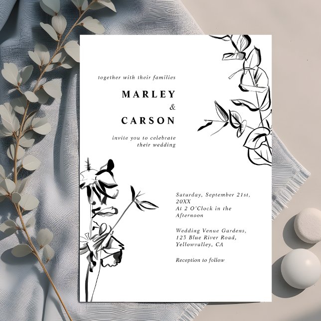 Sketched Hand Drawn Floral Black White Wedding Invitation (Creator Uploaded)