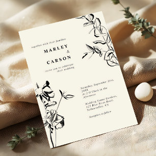 Sketched Hand Drawn Floral Minimal Ivory Wedding Invitation