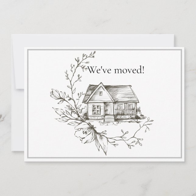 Sketched House Black and White New Address Announcement (Front)