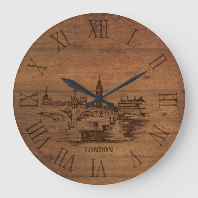 Sketched london city roman numerals wooden clock (Front)