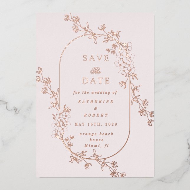 Sketched Modern Floral Wedding Foil Invitation (Front)