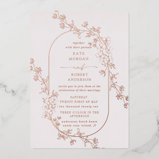Sketched Modern Floral Wedding Foil Invitation (Front)