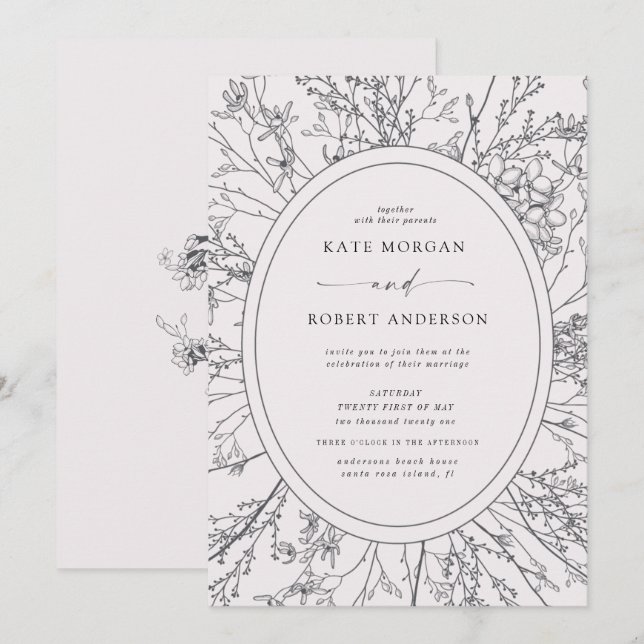 sketched modern floral wedding invitation (Front/Back)