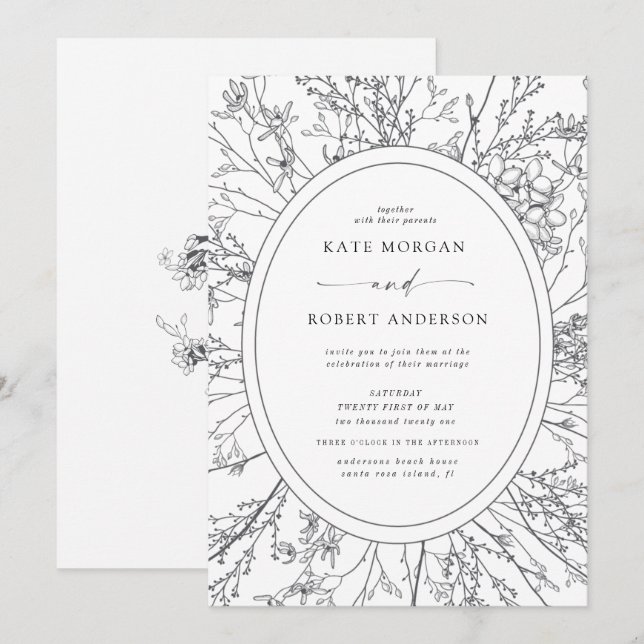 sketched modern floral wedding invitation (Front/Back)