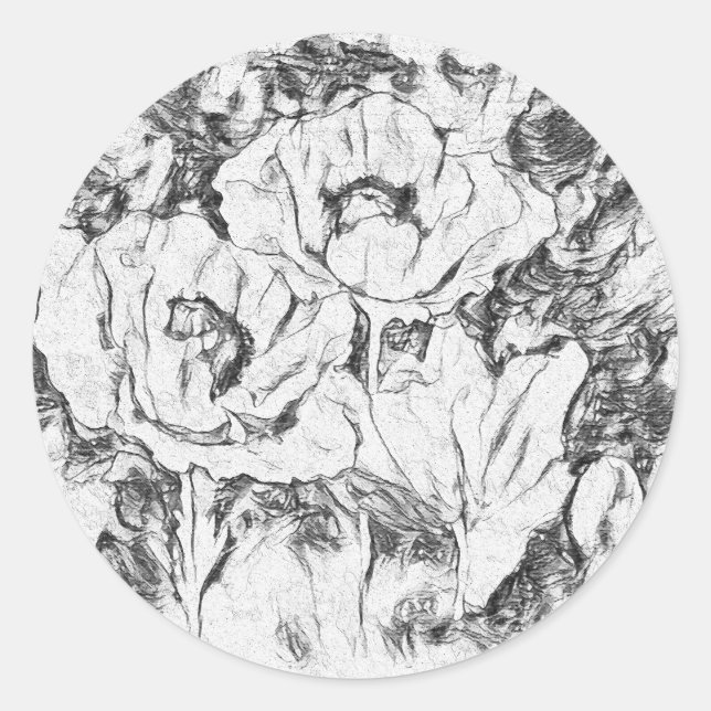 Sketched pen hand drawn poppies flowers floral whi classic round sticker (Front)
