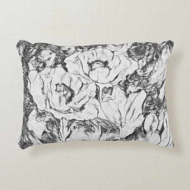 Sketched pen hand drawn poppies flowers floral whi decorative cushion (Front)