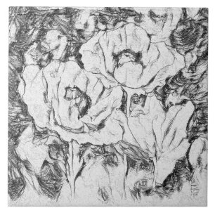 Sketched pen hand drawn poppies flowers floral whi tile