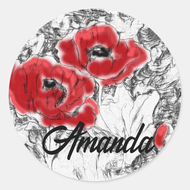 Sketched pen hand drawn red poppies flowers floral classic round sticker (Front)