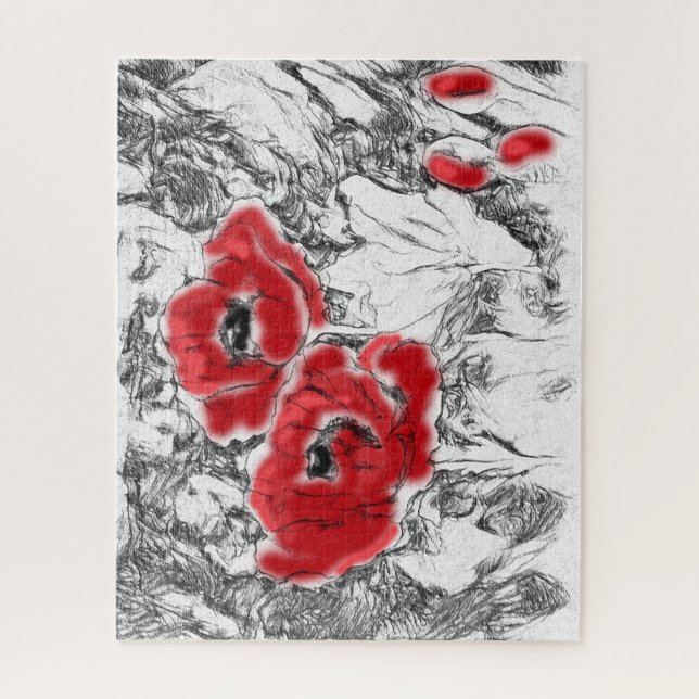 Sketched pen hand drawn red poppies flowers floral jigsaw puzzle (Vertical)