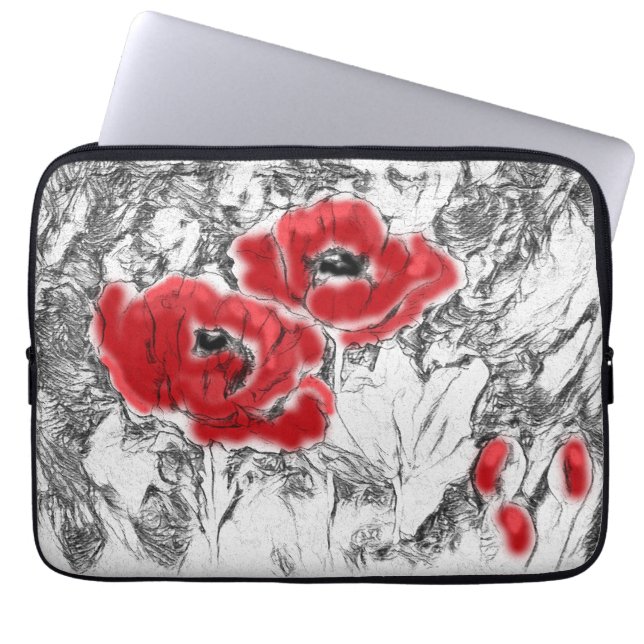 Sketched pen hand drawn red poppies flowers floral laptop sleeve (Front)
