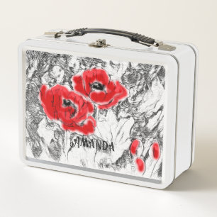 Sketched pen hand drawn red poppies flowers floral metal lunch box