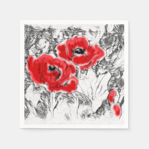 Sketched pen hand drawn red poppies flowers floral napkin