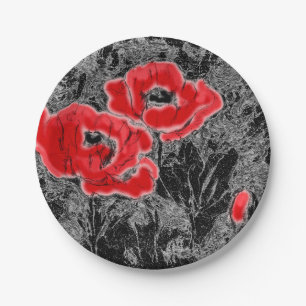 Sketched pen hand drawn red poppies flowers floral paper plate