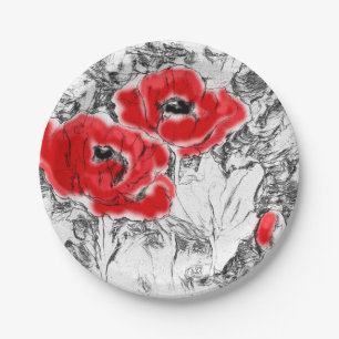 Sketched pen hand drawn red poppies flowers floral paper plate