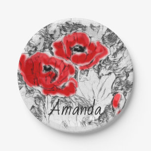 Sketched pen hand drawn red poppies flowers floral paper plate