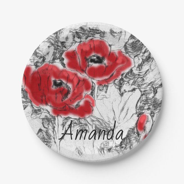 Sketched pen hand drawn red poppies flowers floral paper plate (Front)
