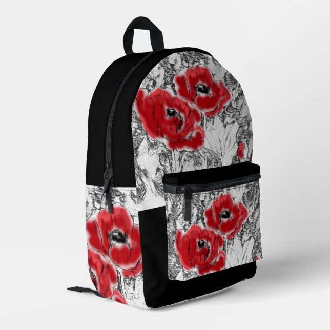 Sketched pen hand drawn red poppies flowers floral printed backpack (Back Corner Left)