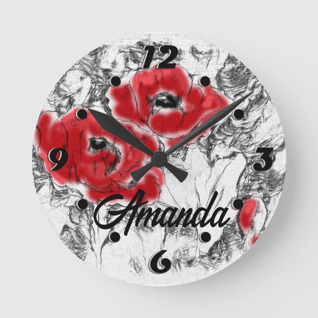 Sketched pen hand drawn red poppies flowers floral round clock (Front)