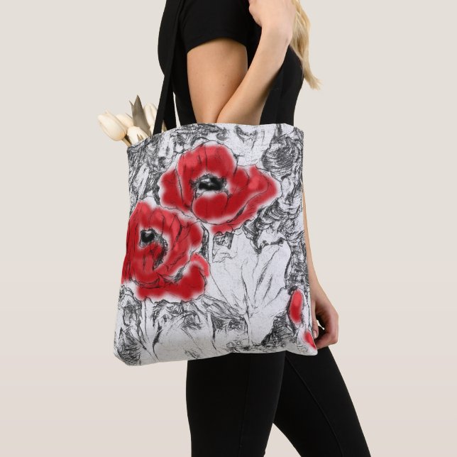 Sketched pen hand drawn red poppies flowers floral tote bag (Close Up)