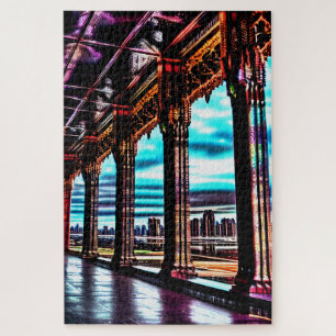 Sketched Pink and Blue Otherworldly Comic City Jigsaw Puzzle