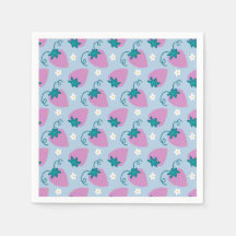 Sketched pink strawberries on blue napkins