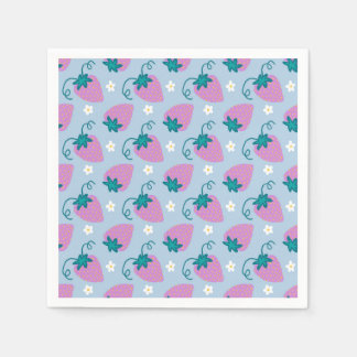 Sketched pink strawberries on blue napkins